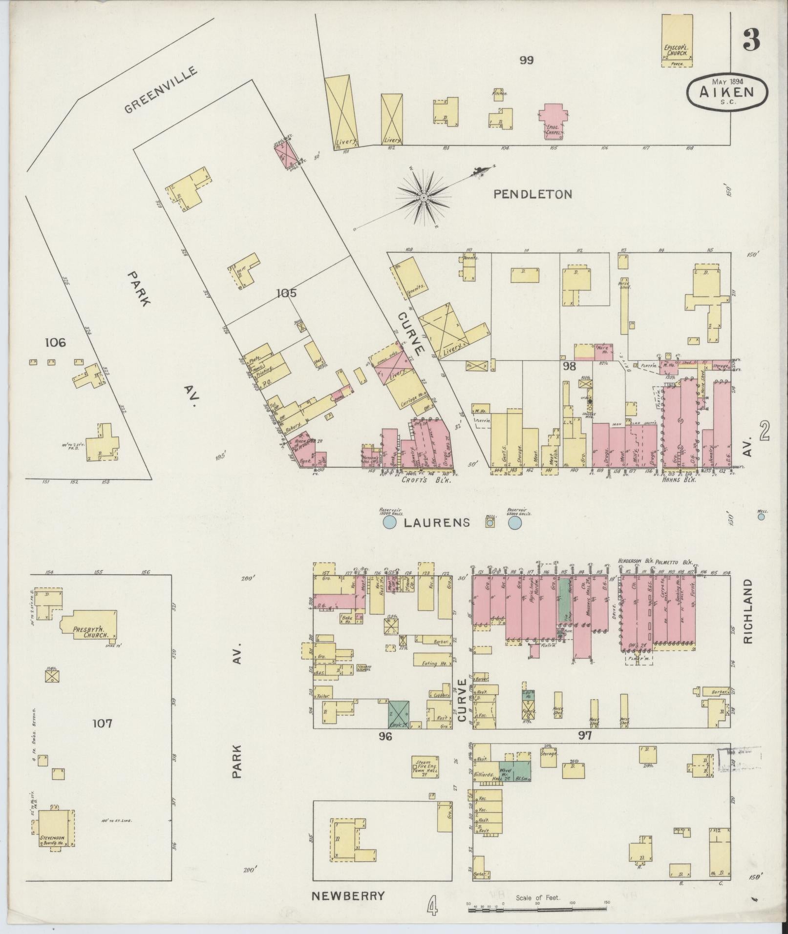 Sanborn Fire Insurance Map from Aiken, Aiken County, South Carolina (1894), Sheet #0003 - Complete Map Set gallery image, historic Sanborn map, vintage wall art, South Carolina South Carolina