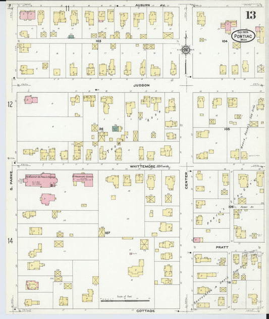 Sanborn Fire Insurance Map from Pontiac, Oakland County, Michigan (1909), Sheet #0013 - Historic Sanborn Fire Insurance Map Print, vintage old map wall art, antique decor, genealogy gift, Michigan Michigan map