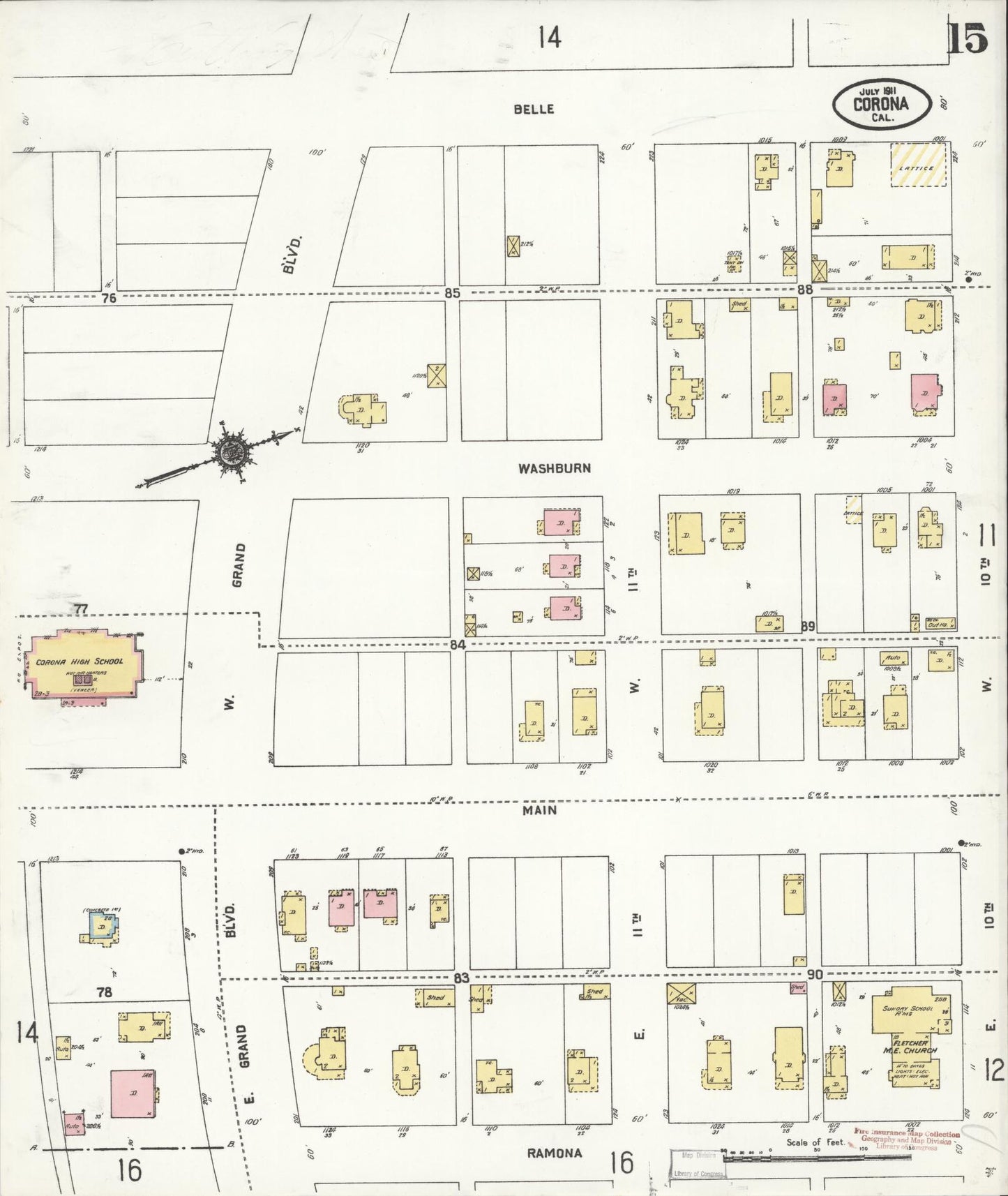 Sanborn Fire Insurance Map from Corona, Riverside County, California (1911), Sheet #0015 - Complete Map Set gallery image, historic Sanborn map, vintage wall art, California California