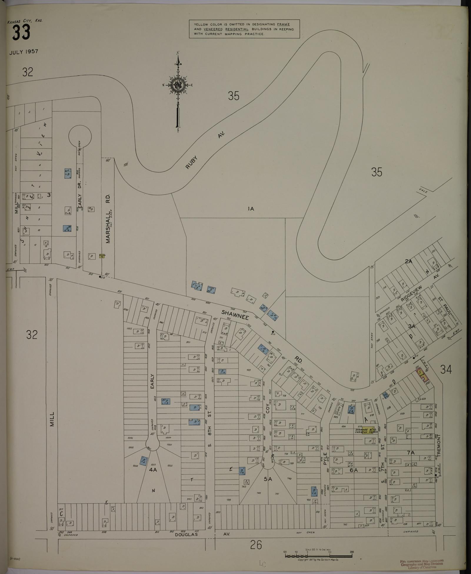 Sanborn Fire Insurance Map from Kansas City, Wyandotte County, Kansas (1957), Sheet #0033 - Complete Map Set gallery image, historic Sanborn map, vintage wall art, Kansas Kansas