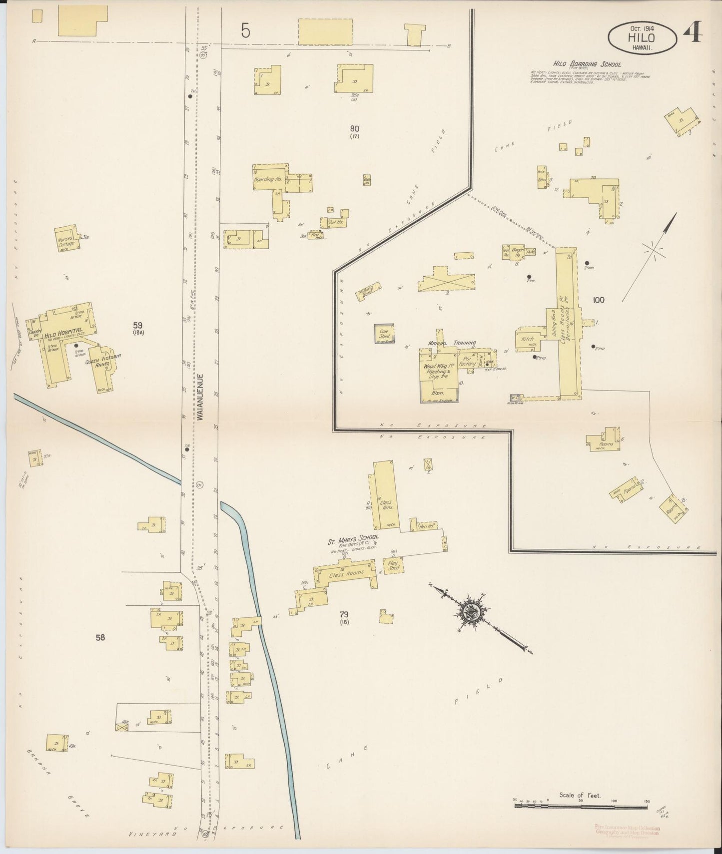 Sanborn Fire Insurance Map from Hilo, Hawaii County, Hawaii (1914), Sheet #0004 - Historic Sanborn Fire Insurance Map Print, vintage old map wall art