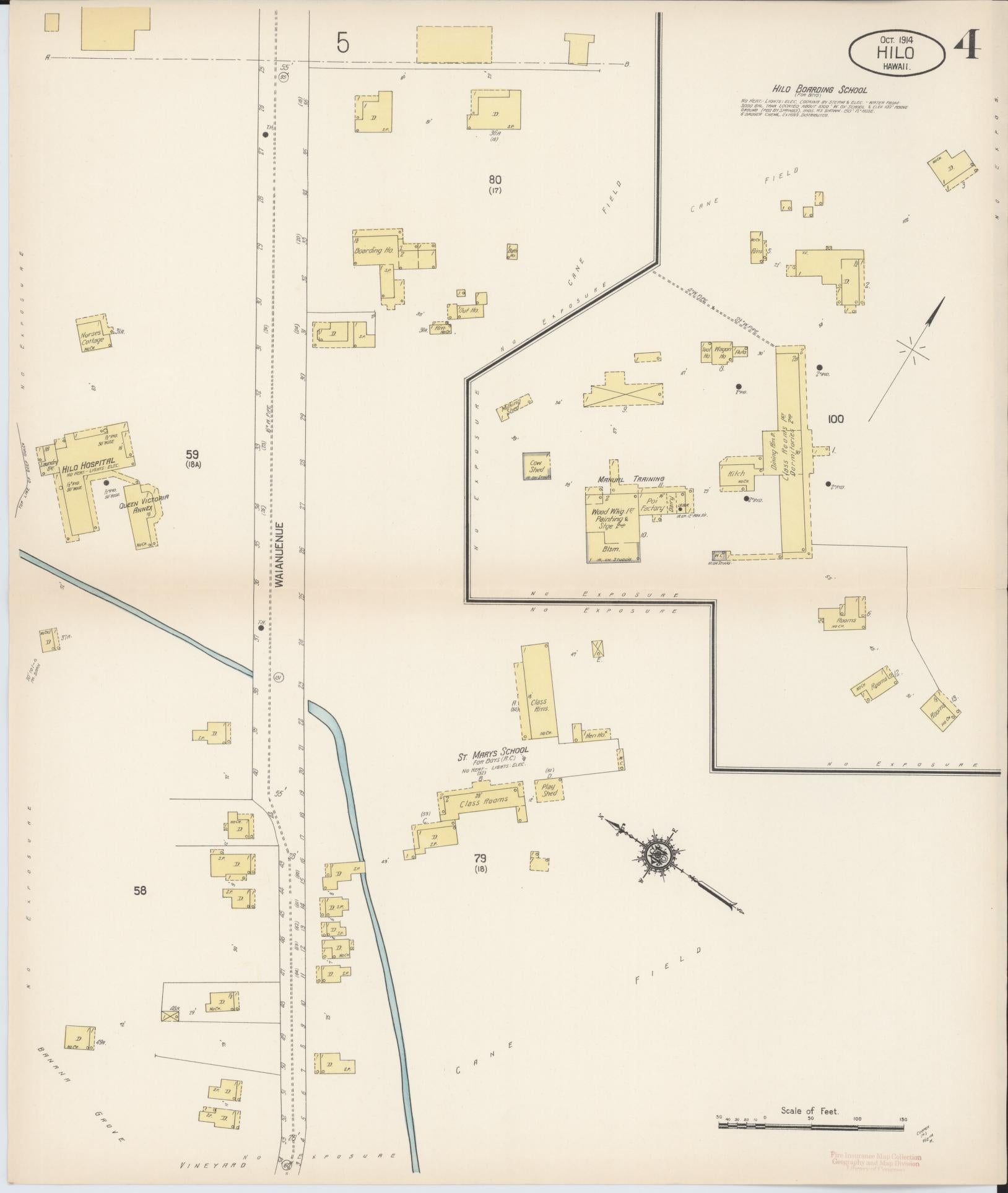 Sanborn Fire Insurance Map from Hilo, Hawaii County, Hawaii (1914), Sheet #0004 - Historic Sanborn Fire Insurance Map Print, vintage old map wall art