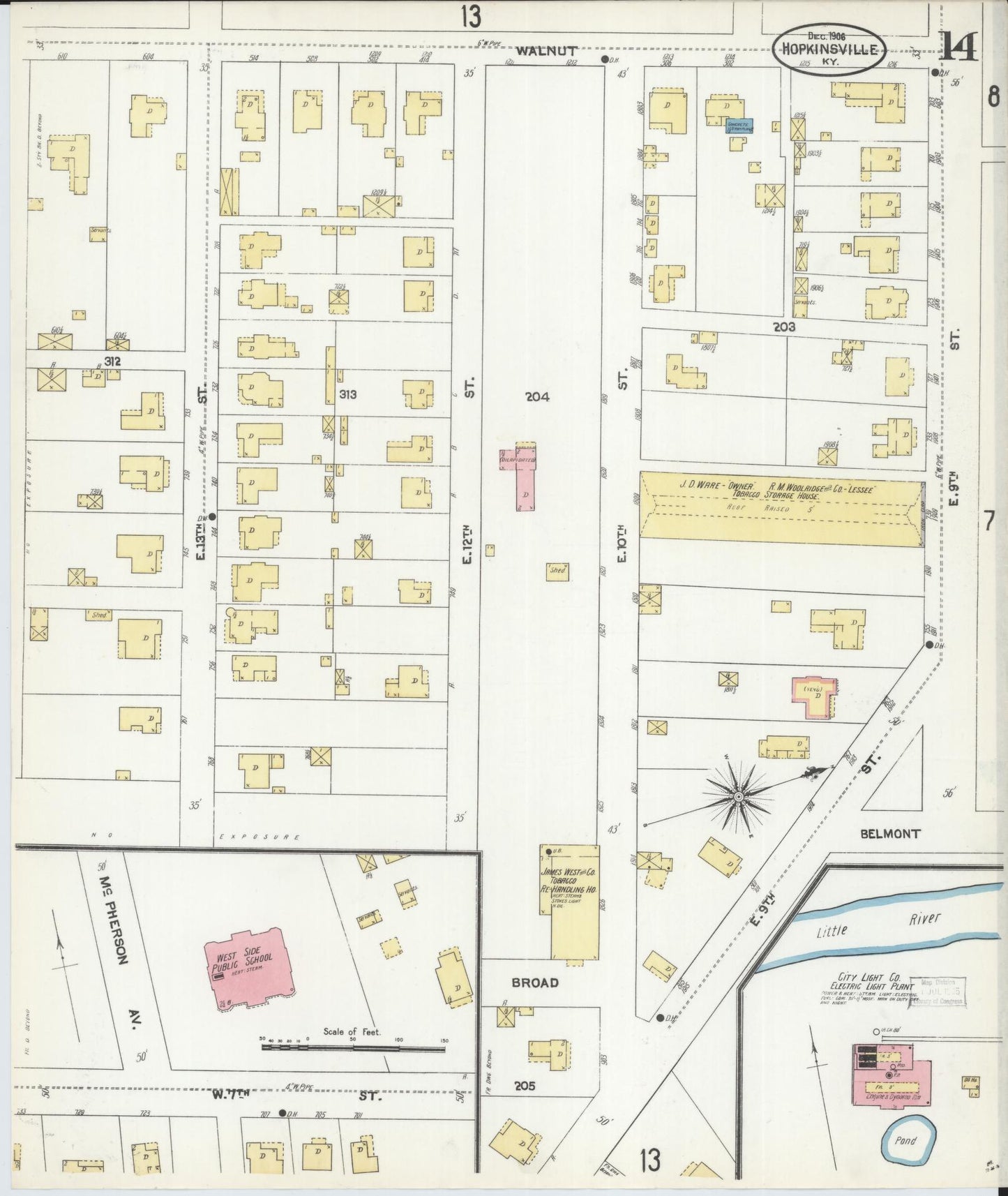 Sanborn Fire Insurance Map from Hopkinsville, Christian County, Kentucky (1906), Sheet #0014 - Historic Sanborn Fire Insurance Map Print, vintage old map wall art, antique decor, genealogy gift, Kentucky Kentucky map