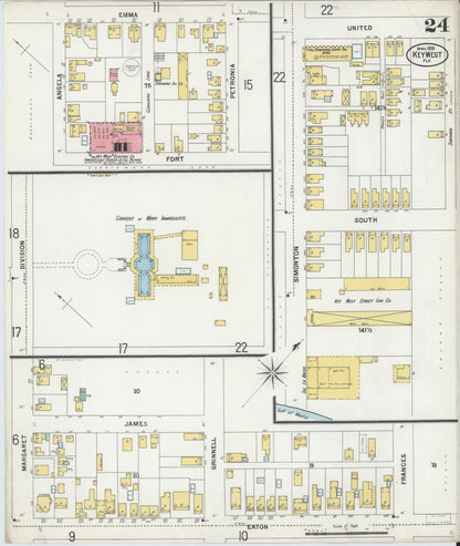 Sanborn Fire Insurance Map from Key West, Monroe County, Florida (1899), Sheet #0024 - Historic Sanborn Fire Insurance Map Print, vintage old map wall art, antique decor, genealogy gift, Florida Florida map