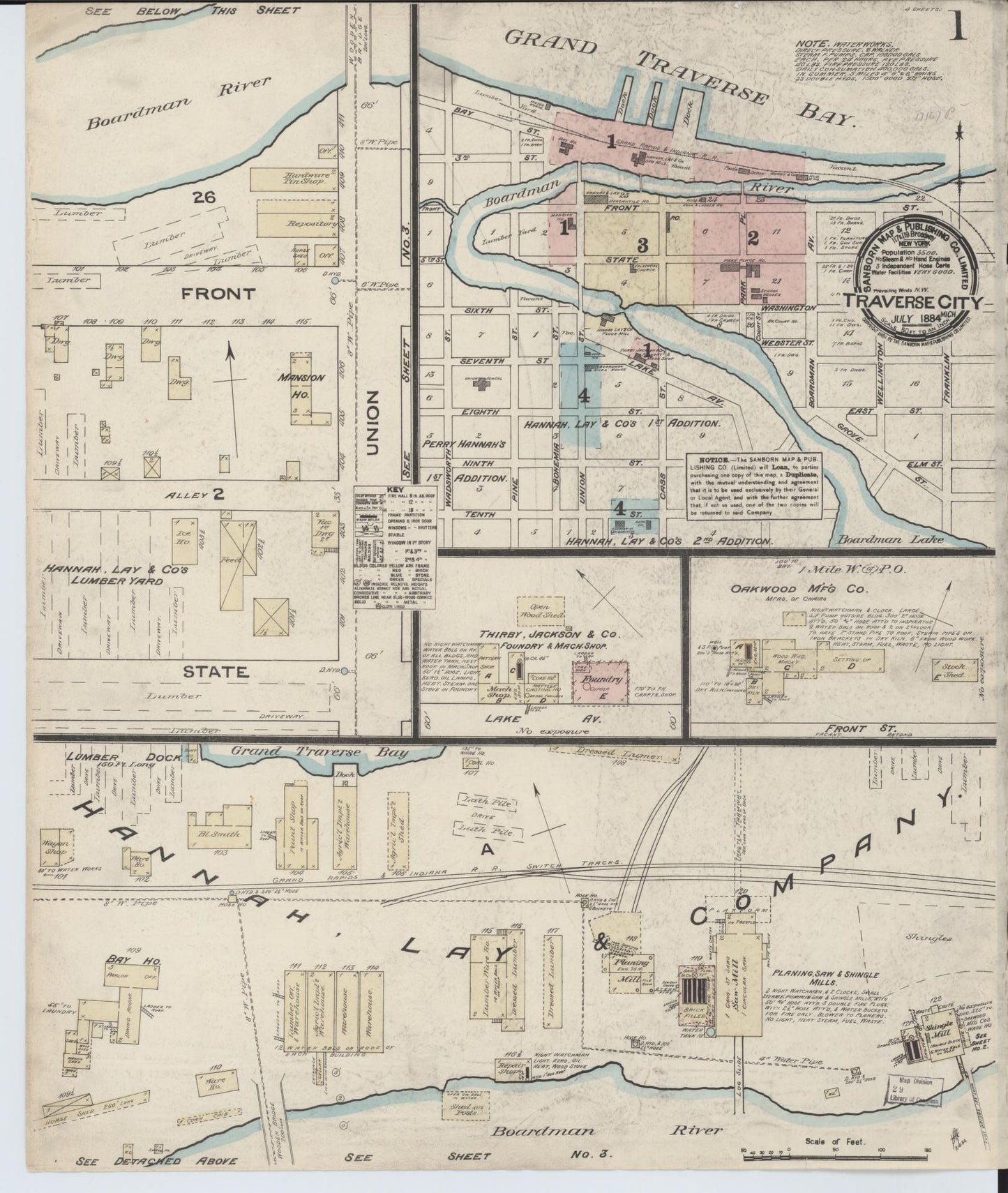 Sanborn Fire Insurance Map from Traverse City, Grand Traverse County, Michigan (1884), Sheet #0001 - Historic Sanborn Fire Insurance Map Print, vintage old map wall art, antique decor, genealogy gift, Michigan Michigan map