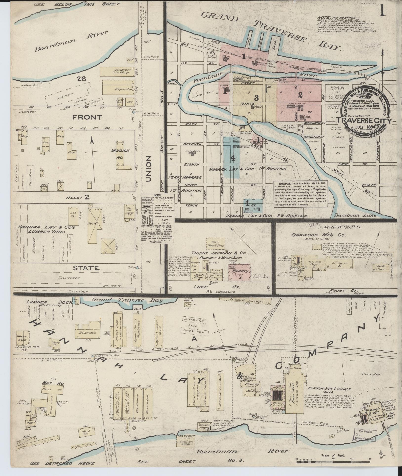 Sanborn Fire Insurance Map from Traverse City, Grand Traverse County, Michigan (1884), Sheet #0001 - Historic Sanborn Fire Insurance Map Print, vintage old map wall art, antique decor, genealogy gift, Michigan Michigan map