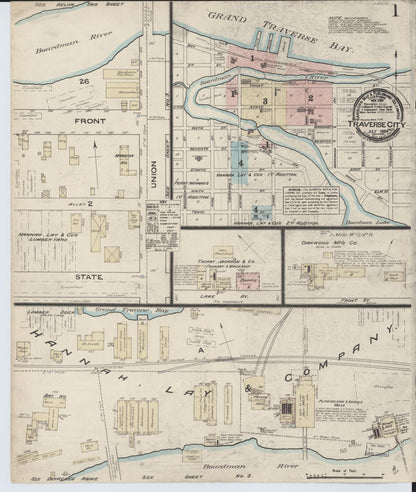Sanborn Fire Insurance Map from Traverse City, Grand Traverse County, Michigan (1884), Sheet #0001 - Historic Sanborn Fire Insurance Map Print, vintage old map wall art, antique decor, genealogy gift, Michigan Michigan map