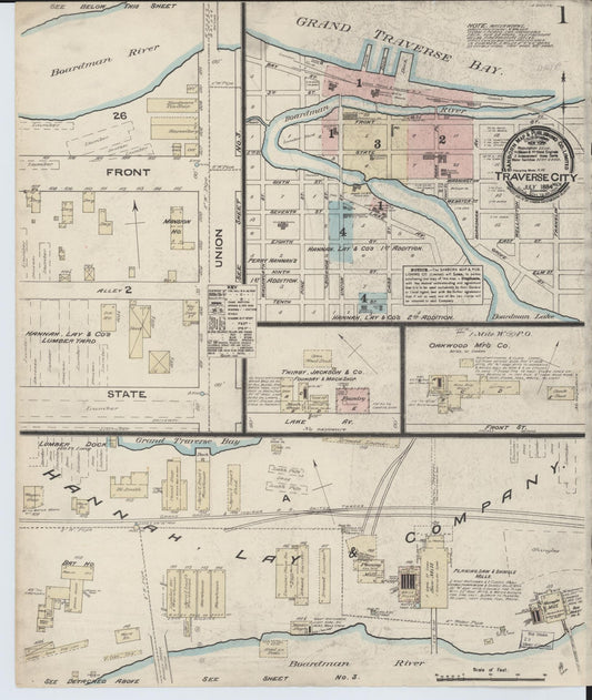 Sanborn Fire Insurance Map from Traverse City, Grand Traverse County, Michigan (1884), Sheet #0001 - Historic Sanborn Fire Insurance Map Print, vintage old map wall art, antique decor, genealogy gift, Michigan Michigan map