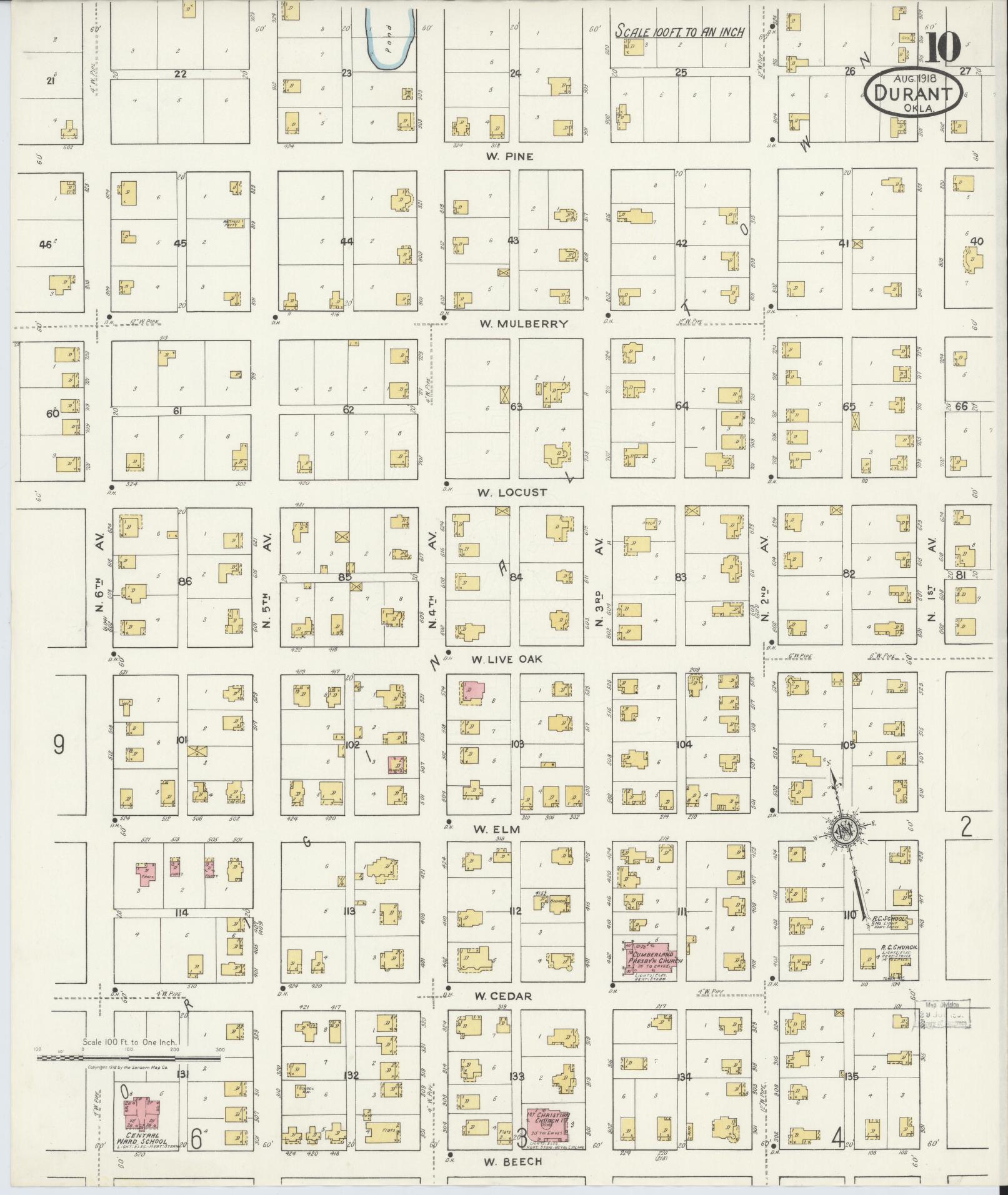 Sanborn Fire Insurance Map from Durant, Bryan County, Oklahoma (1918), Sheet #0010 - Complete Map Set gallery image, historic Sanborn map, vintage wall art, Oklahoma Oklahoma