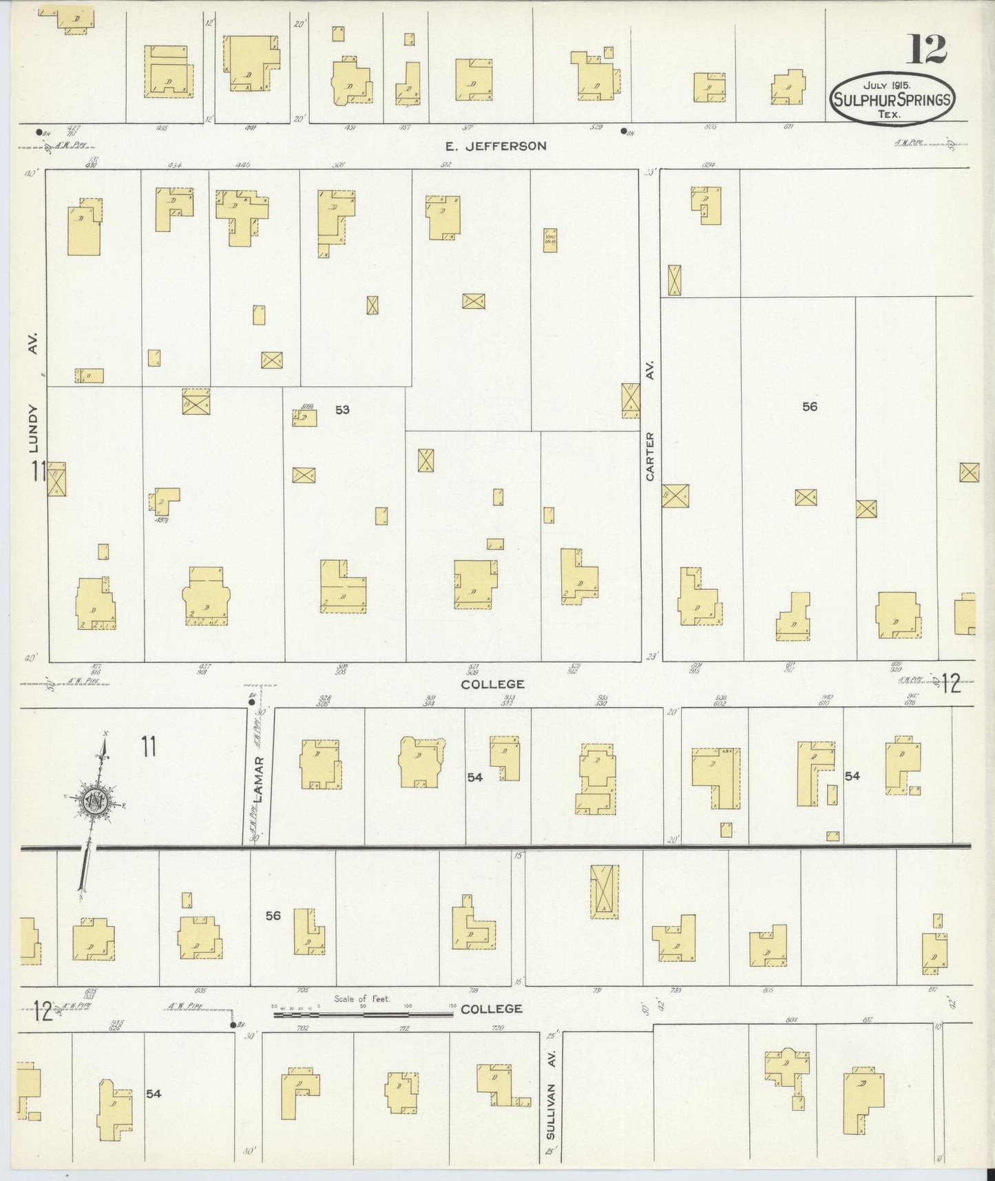 Sanborn Fire Insurance Map from Sulphur Springs, Hopkins County, Texas (1915), Sheet #0012 - Complete Map Set gallery image, historic Sanborn map, vintage wall art, Texas Texas
