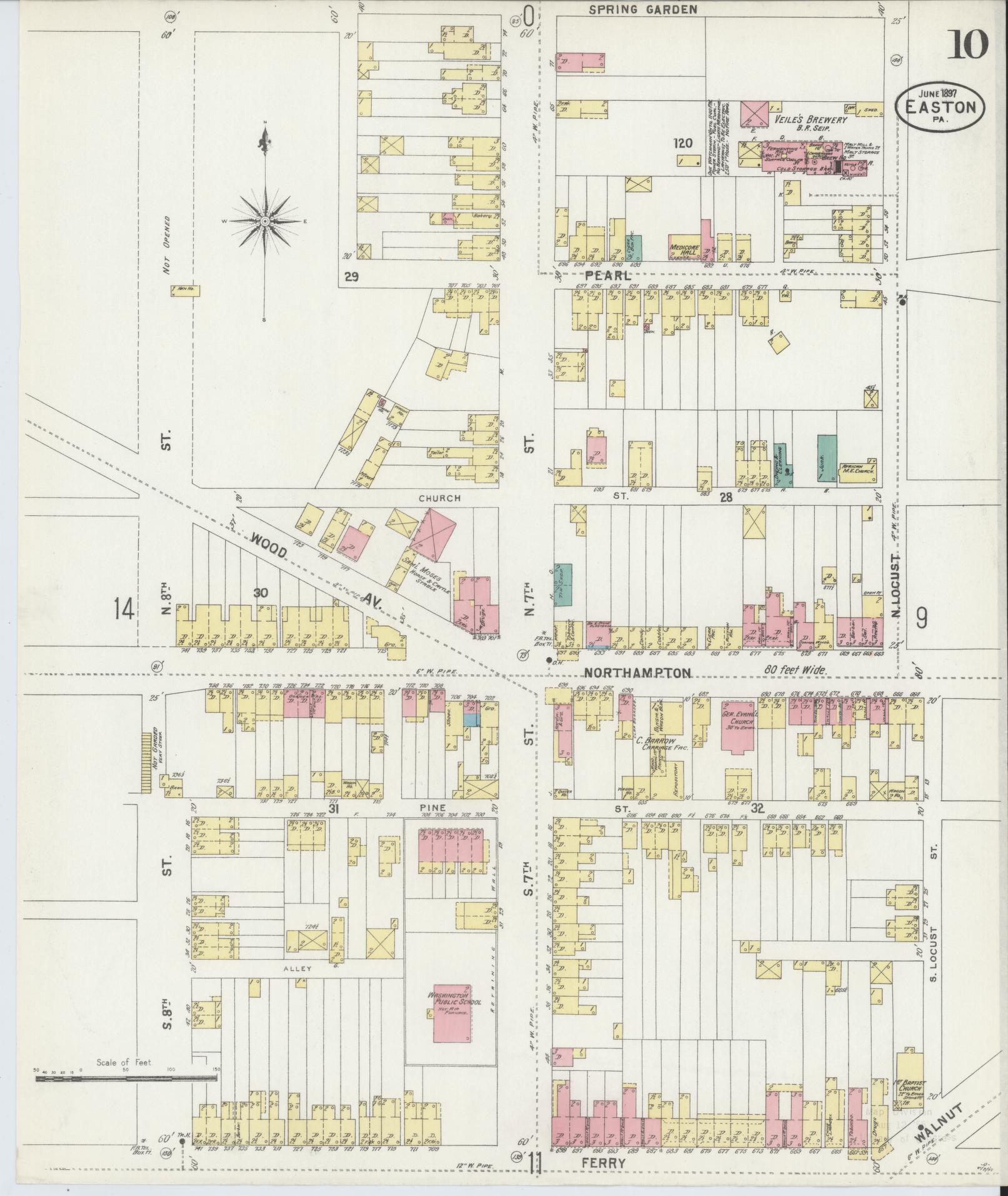 Sanborn Fire Insurance Map from Easton, Northampton County, Pennsylvania (1897), Sheet #0010 - Historic Sanborn Fire Insurance Map Print, vintage old map wall art, antique decor, genealogy gift, Pennsylvania Pennsylvania map