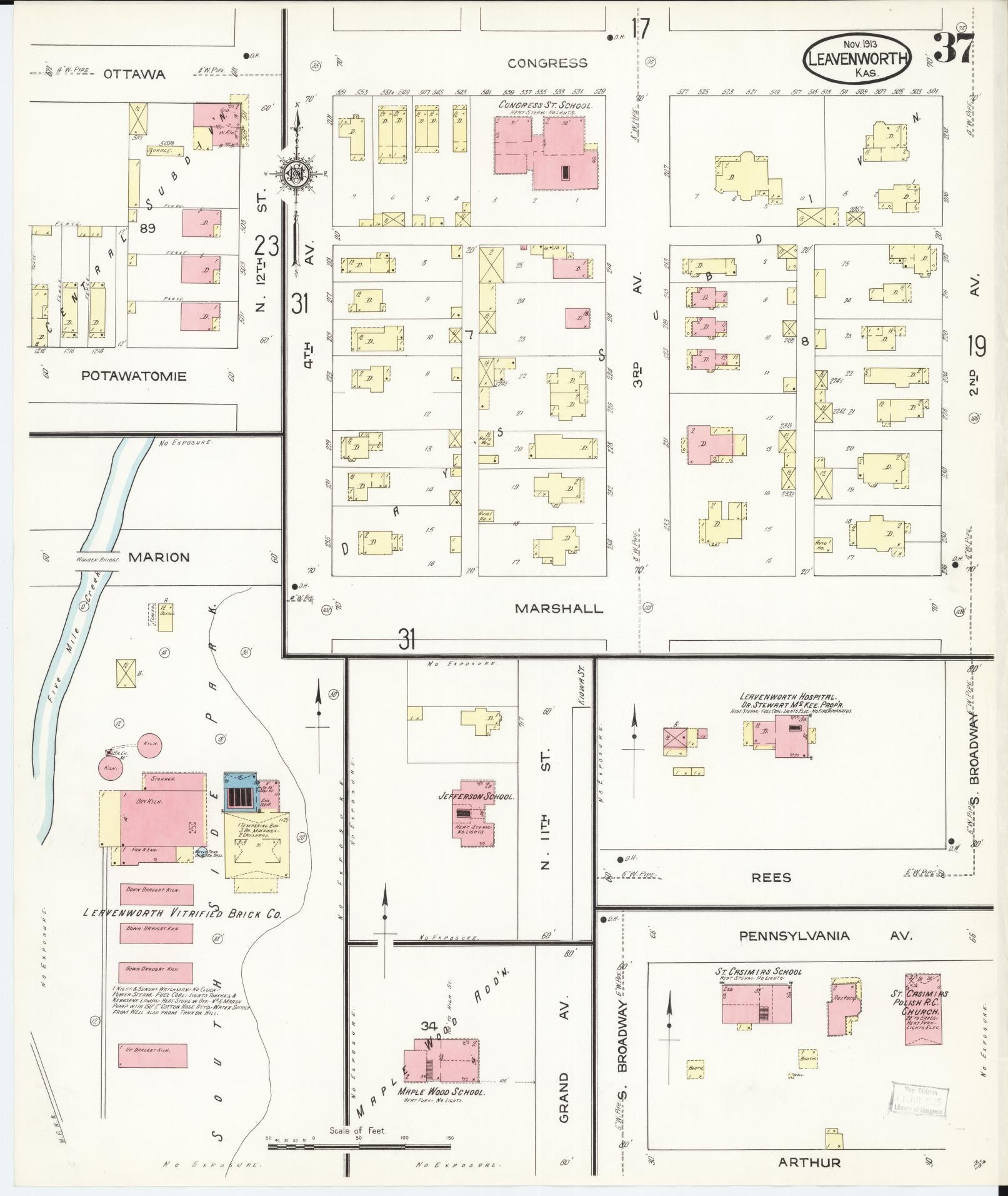 Sanborn Fire Insurance Map from Leavenworth, Leavenworth County, Kansas (1913), Sheet #0038 - Historic Sanborn Fire Insurance Map Print, vintage old map wall art, antique decor, genealogy gift, Kansas Kansas map