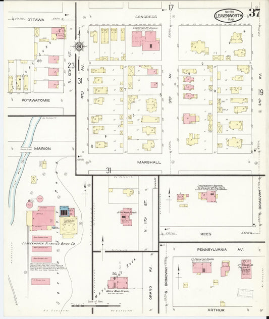 Sanborn Fire Insurance Map from Leavenworth, Leavenworth County, Kansas (1913), Sheet #0038 - Historic Sanborn Fire Insurance Map Print, vintage old map wall art, antique decor, genealogy gift, Kansas Kansas map
