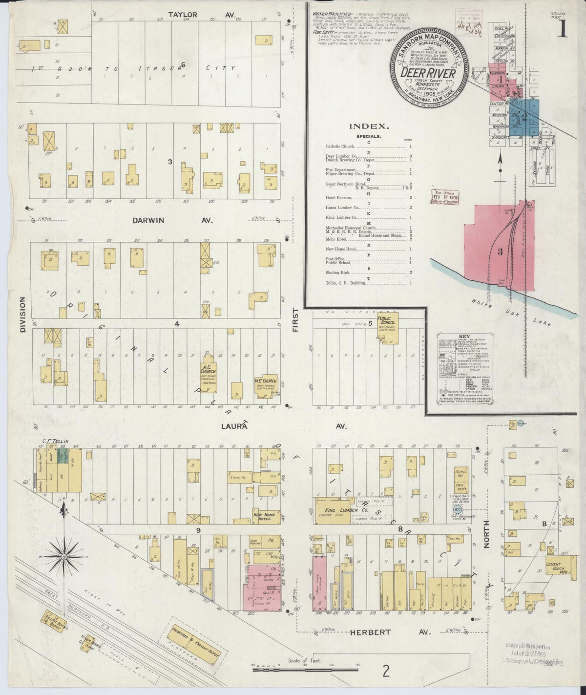 Sanborn Fire Insurance Map from Deer River, Itasca County, Minnesota (1908), Sheet #0001 - Complete Map Set gallery image, historic Sanborn map, vintage wall art, Minnesota Minnesota