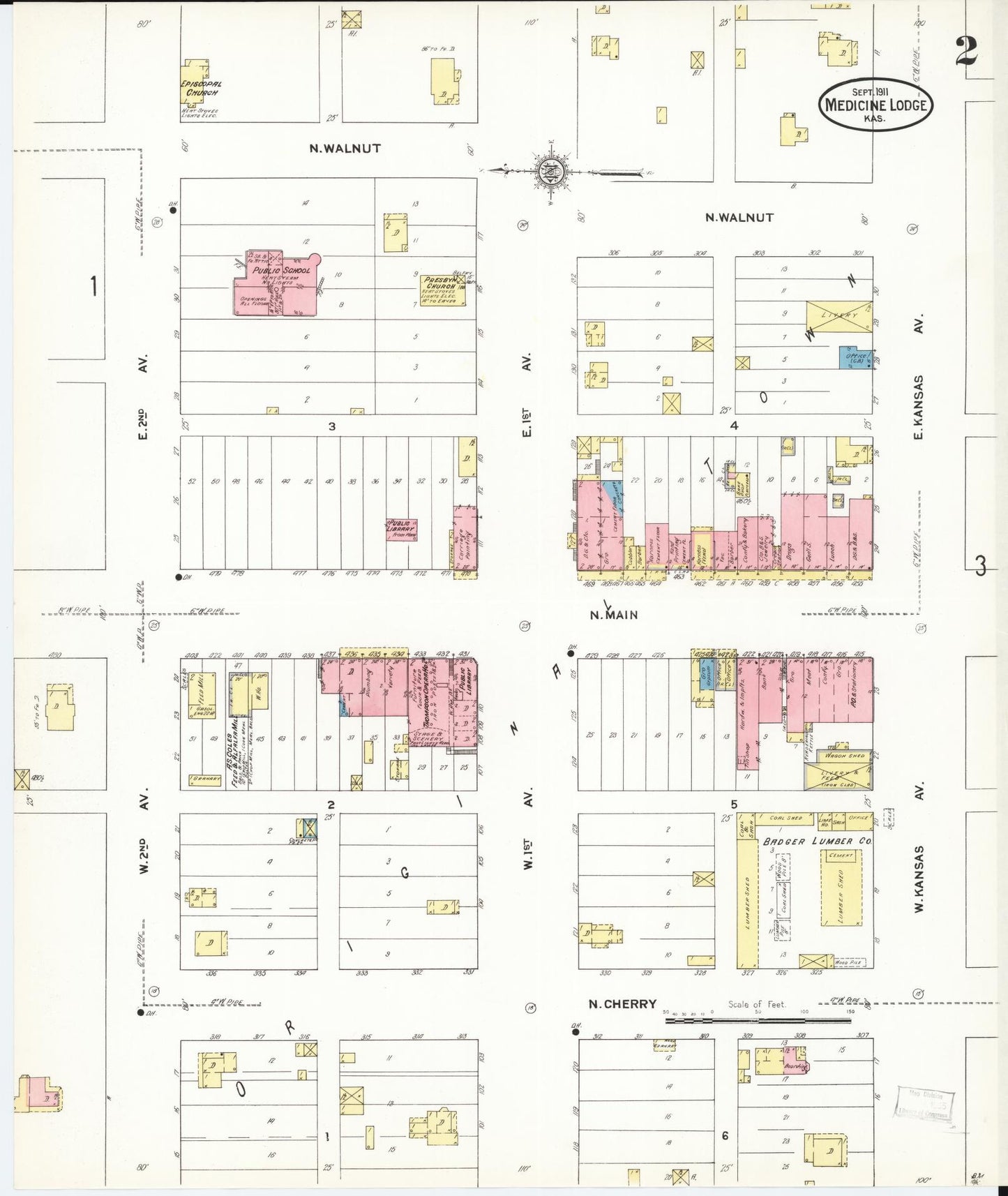 Sanborn Fire Insurance Map from Medicine Lodge, Barber County, Kansas (1911), Sheet #0002 - Complete Map Set gallery image, historic Sanborn map, vintage wall art, Kansas Kansas