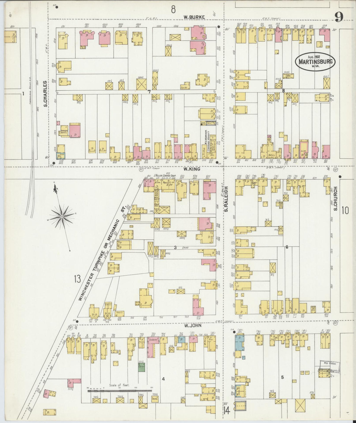 Sanborn Fire Insurance Map from Martinsburg, Berkeley County, West Virginia (1902), Sheet #0009 - Historic Sanborn Fire Insurance Map Print, vintage old map wall art, antique decor, genealogy gift, West Virginia West Virginia map