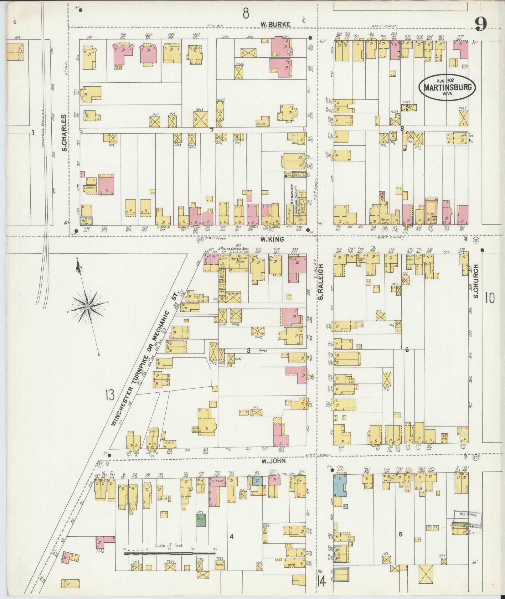 Sanborn Fire Insurance Map from Martinsburg, Berkeley County, West Virginia (1902), Sheet #0009 - Historic Sanborn Fire Insurance Map Print, vintage old map wall art, antique decor, genealogy gift, West Virginia West Virginia map
