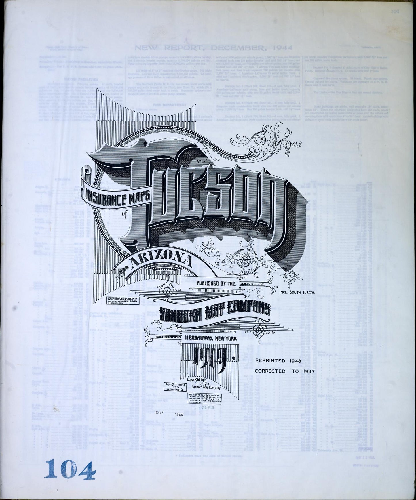 Sanborn Fire Insurance Map from Tucson, Pima County, Arizona (1947), Sheet #0001 - Historic Sanborn Fire Insurance Map Print, vintage old map wall art, antique decor, genealogy gift, Arizona Arizona map