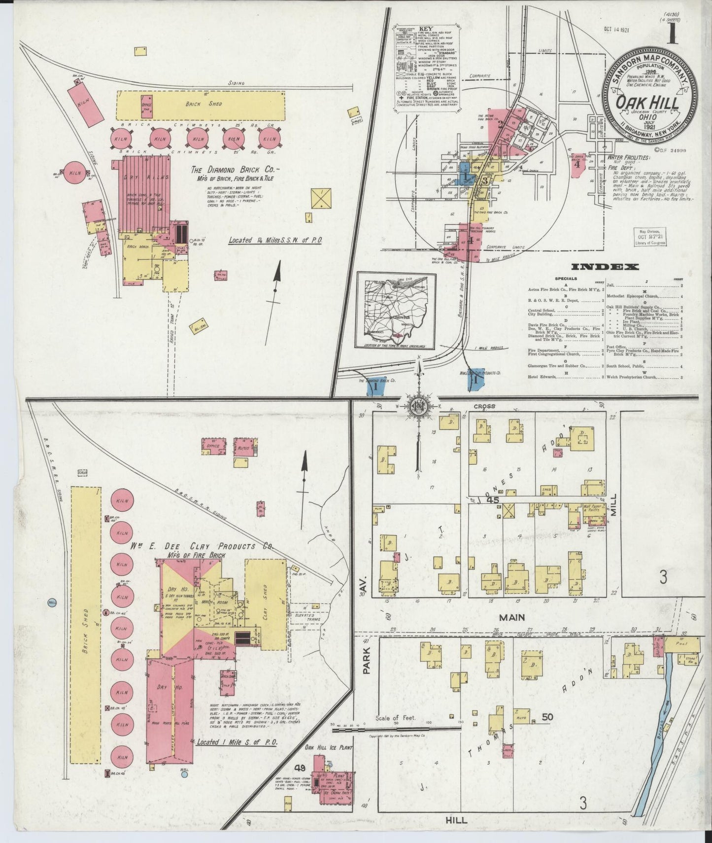 Sanborn Fire Insurance Map from Oak Hill, Jackson County, Ohio (1921), Sheet #0001 - Complete Map Set gallery image, historic Sanborn map, vintage wall art, Ohio Ohio