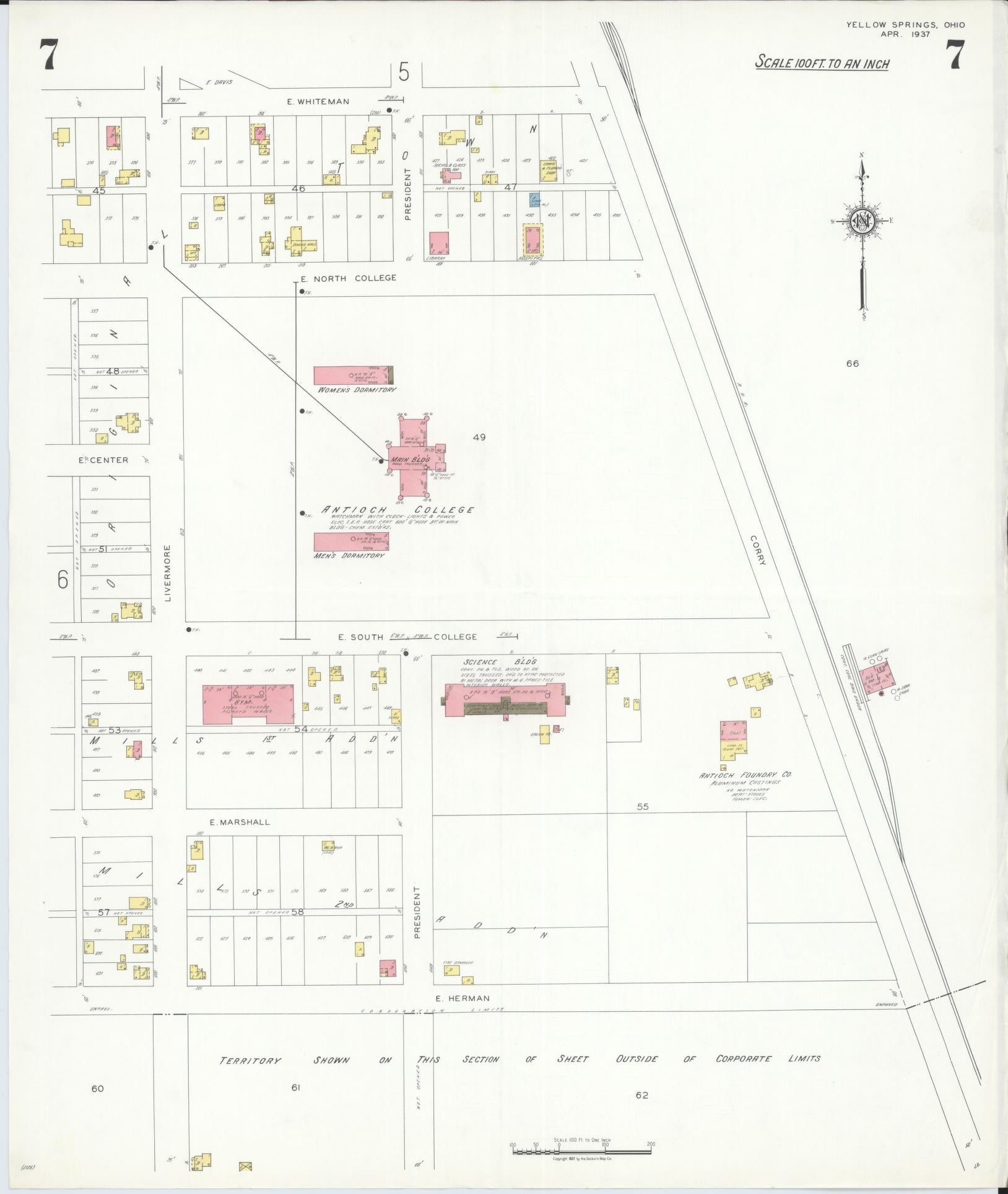 Sanborn Fire Insurance Map from Yellow Springs, Greene County, Ohio (1937), Sheet #0007 - Historic Sanborn Fire Insurance Map Print, vintage old map wall art, antique decor, genealogy gift, Ohio Ohio map