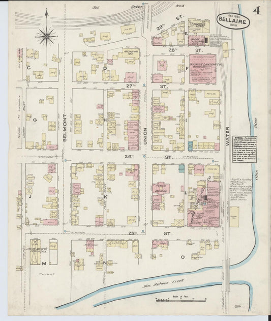 Sanborn Fire Insurance Map from Bellaire, Belmont County, Ohio (1884), Sheet #0004 - Historic Sanborn Fire Insurance Map Print, vintage old map wall art, antique decor, genealogy gift, Ohio Ohio map