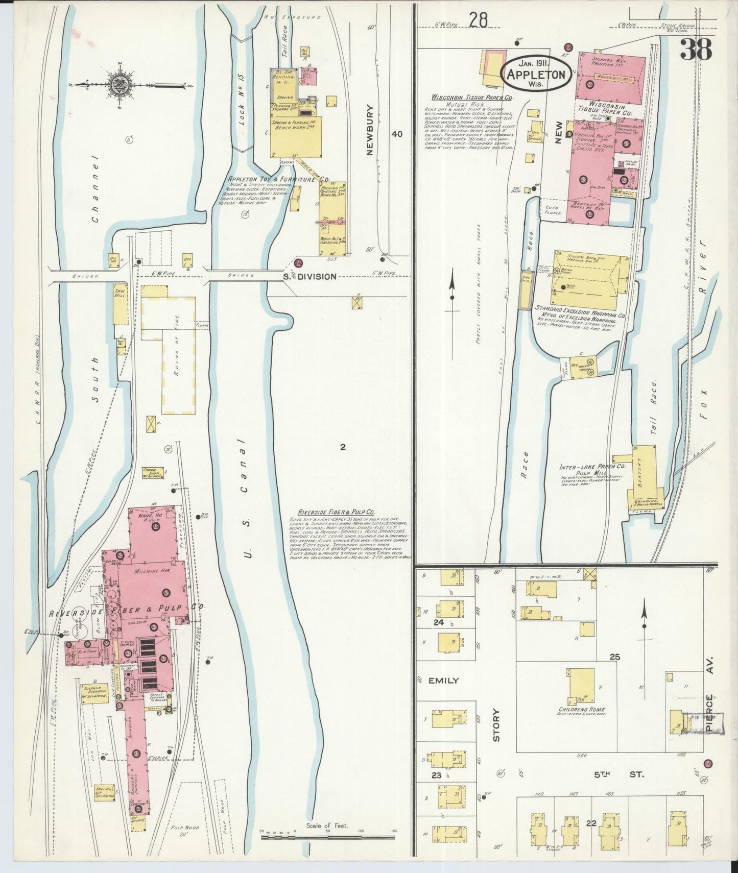 Sanborn Fire Insurance Map from Appleton, Outagamie County, Wisconsin (1911), Sheet #0038 - Historic Sanborn Fire Insurance Map Print, vintage old map wall art, antique decor, genealogy gift, Wisconsin Wisconsin map
