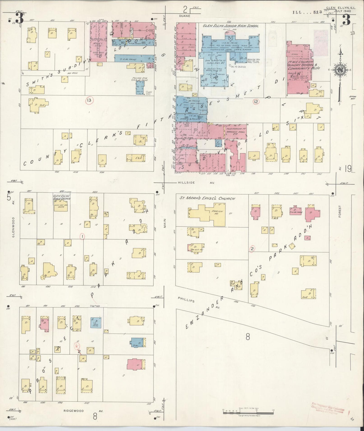 Sanborn Fire Insurance Map from Glen Ellyn, Du Page County, Illinois (1946), Sheet #0003 - Complete Map Set gallery image, historic Sanborn map, vintage wall art, Illinois Illinois