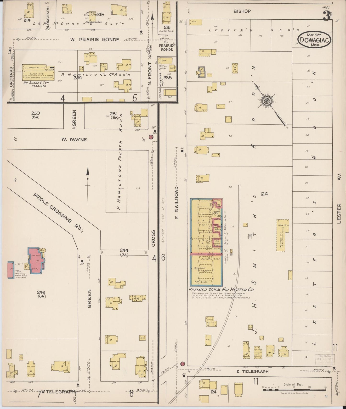 Sanborn Fire Insurance Map from Dowagiac, Cass County, Michigan (1922), Sheet #0003 - Historic Sanborn Fire Insurance Map Print, vintage old map wall art, antique decor, genealogy gift, Michigan Michigan map