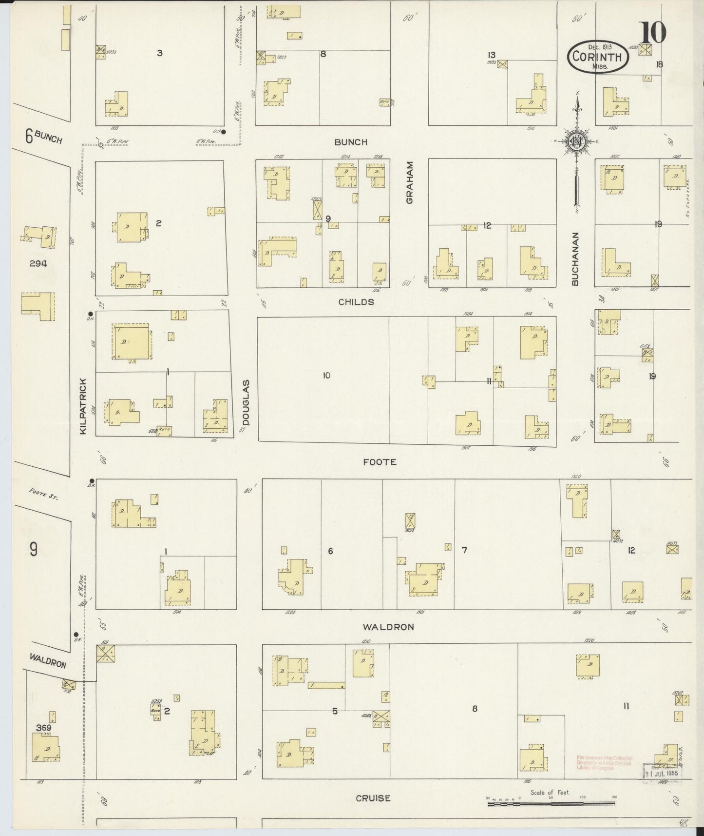 Sanborn Fire Insurance Map from Corinth, Alcorn County, Mississippi (1913), Sheet #0010 - Complete Map Set gallery image, historic Sanborn map, vintage wall art, Mississippi Mississippi