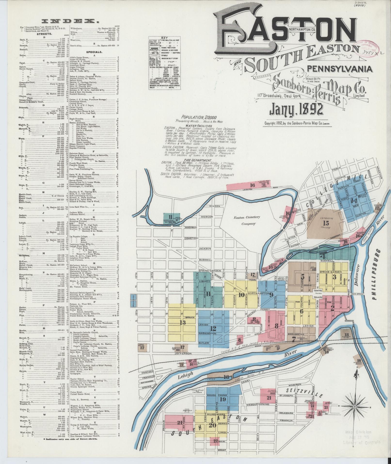 Sanborn Fire Insurance Map from Easton, Northampton County, Pennsylvania (1892), Sheet #0001 - Historic Sanborn Fire Insurance Map Print, vintage old map wall art, antique decor, genealogy gift, Pennsylvania Pennsylvania map