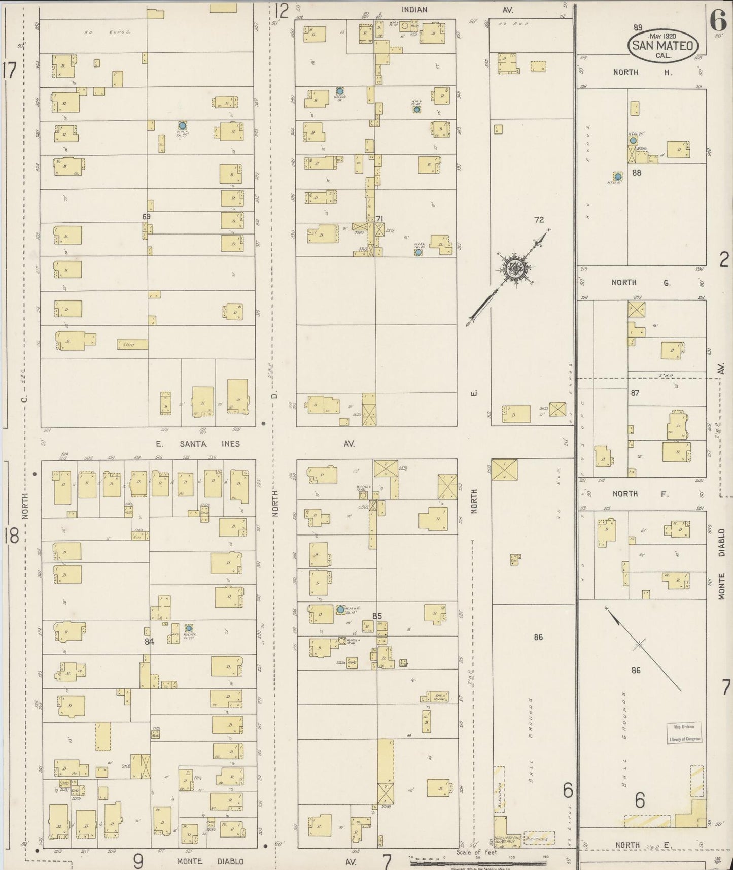 Sanborn Fire Insurance Map from San Mateo, San Mateo County, California (1920), Sheet #0006 - Complete Map Set gallery image, historic Sanborn map, vintage wall art, California California