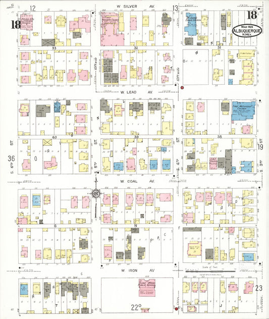 Sanborn Fire Insurance Map from Albuquerque, Bernalillo County, New Mexico (1924), Sheet #0018 - Historic Sanborn Fire Insurance Map Print, vintage old map wall art, antique decor, genealogy gift, New Mexico New Mexico map