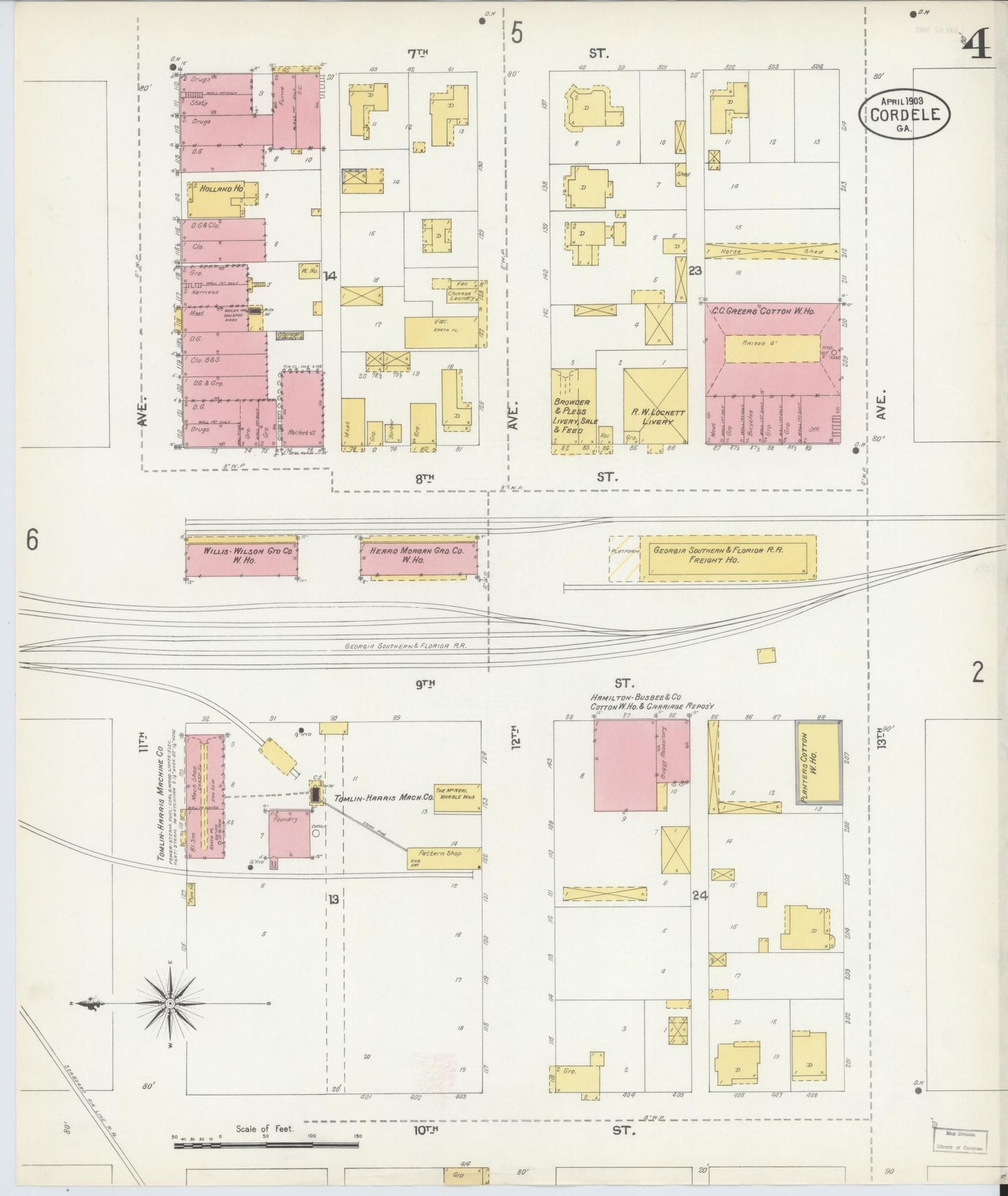 Sanborn Fire Insurance Map from Cordele, Crisp County, Georgia (1903), Sheet #0004 - Historic Sanborn Fire Insurance Map Print, vintage old map wall art, antique decor, genealogy gift, Georgia Georgia map
