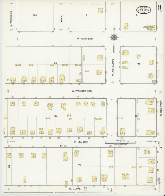 Sanborn Fire Insurance Map from Vernon, Wilbarger County, Texas (1920), Sheet #0009 - Historic Sanborn Fire Insurance Map Print, vintage old map wall art, antique decor, genealogy gift, Texas Texas map