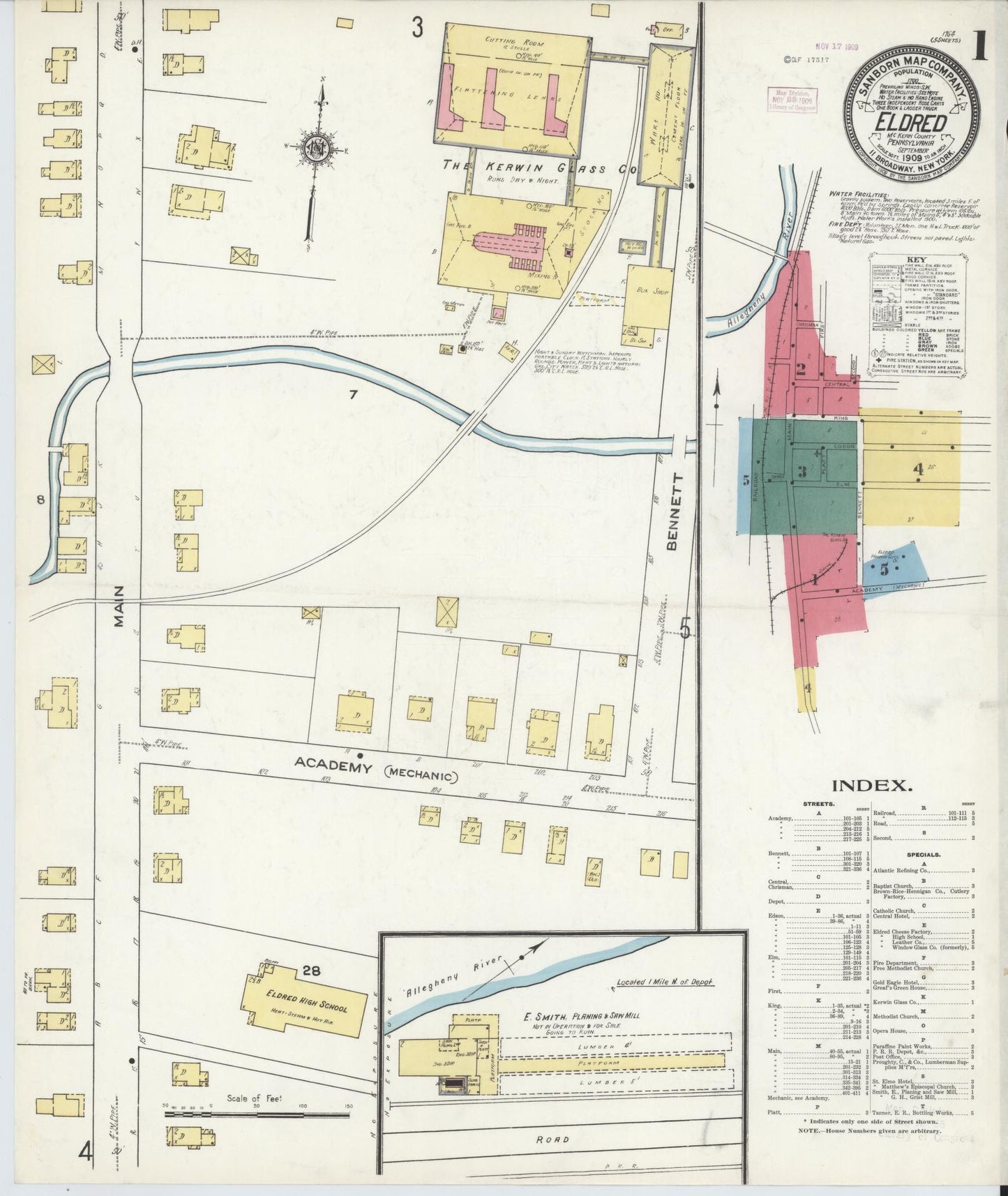 Sanborn Fire Insurance Map from Eldred, McKean County, Pennsylvania (1909), Sheet #0001 - Historic Sanborn Fire Insurance Map Print, vintage old map wall art, antique decor, genealogy gift, Pennsylvania Pennsylvania map