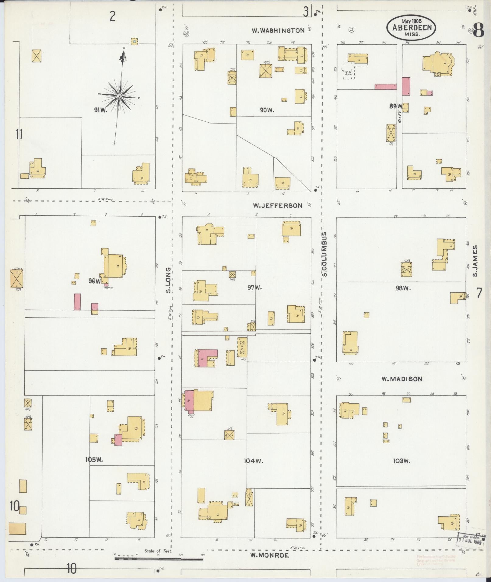 Sanborn Fire Insurance Map from Aberdeen, Monroe County, Mississippi (1905), Sheet #0008 - Historic Sanborn Fire Insurance Map Print, vintage old map wall art, antique decor, genealogy gift, Mississippi Mississippi map
