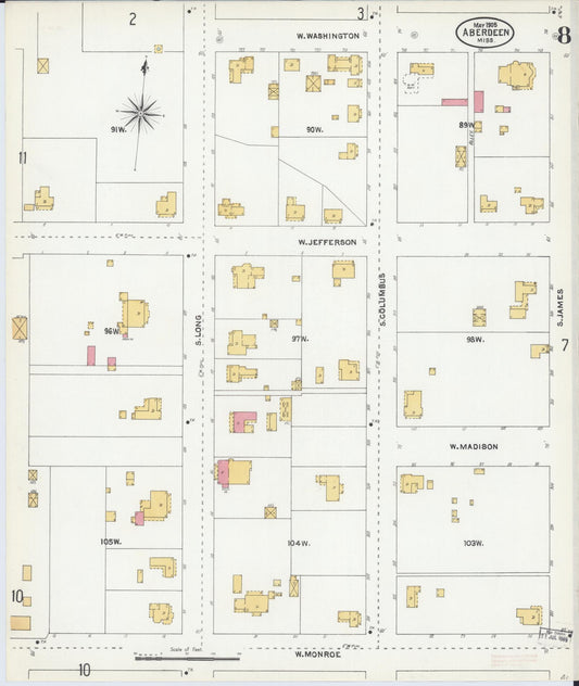 Sanborn Fire Insurance Map from Aberdeen, Monroe County, Mississippi (1905), Sheet #0008 - Historic Sanborn Fire Insurance Map Print, vintage old map wall art, antique decor, genealogy gift, Mississippi Mississippi map