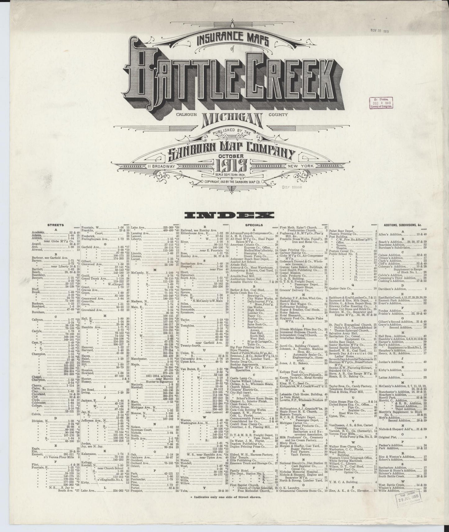 Sanborn Fire Insurance Map from Battle Creek, Calhoun County, Michigan. (1913) – Historic Sanborn Fire Insurance Map Print