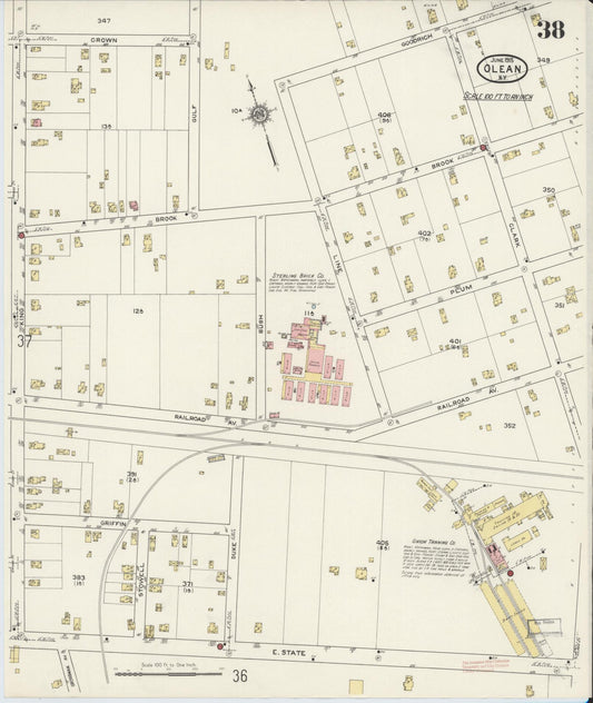 Sanborn Fire Insurance Map from Olean, Cattaraugus County, New York (1915), Sheet #0038 - Historic Sanborn Fire Insurance Map Print, vintage old map wall art, antique decor, genealogy gift, New York New York map