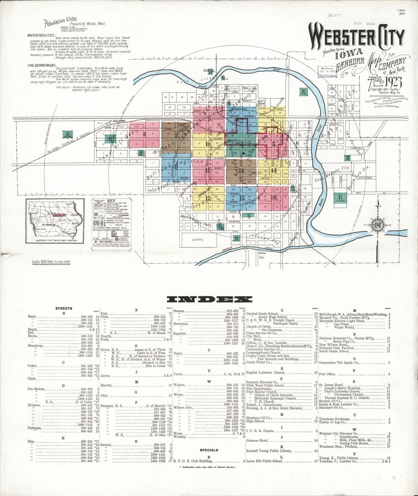 Sanborn Fire Insurance Map from Webster City, Hamilton County, Iowa (1923), Sheet #0001 - Historic Sanborn Fire Insurance Map Print