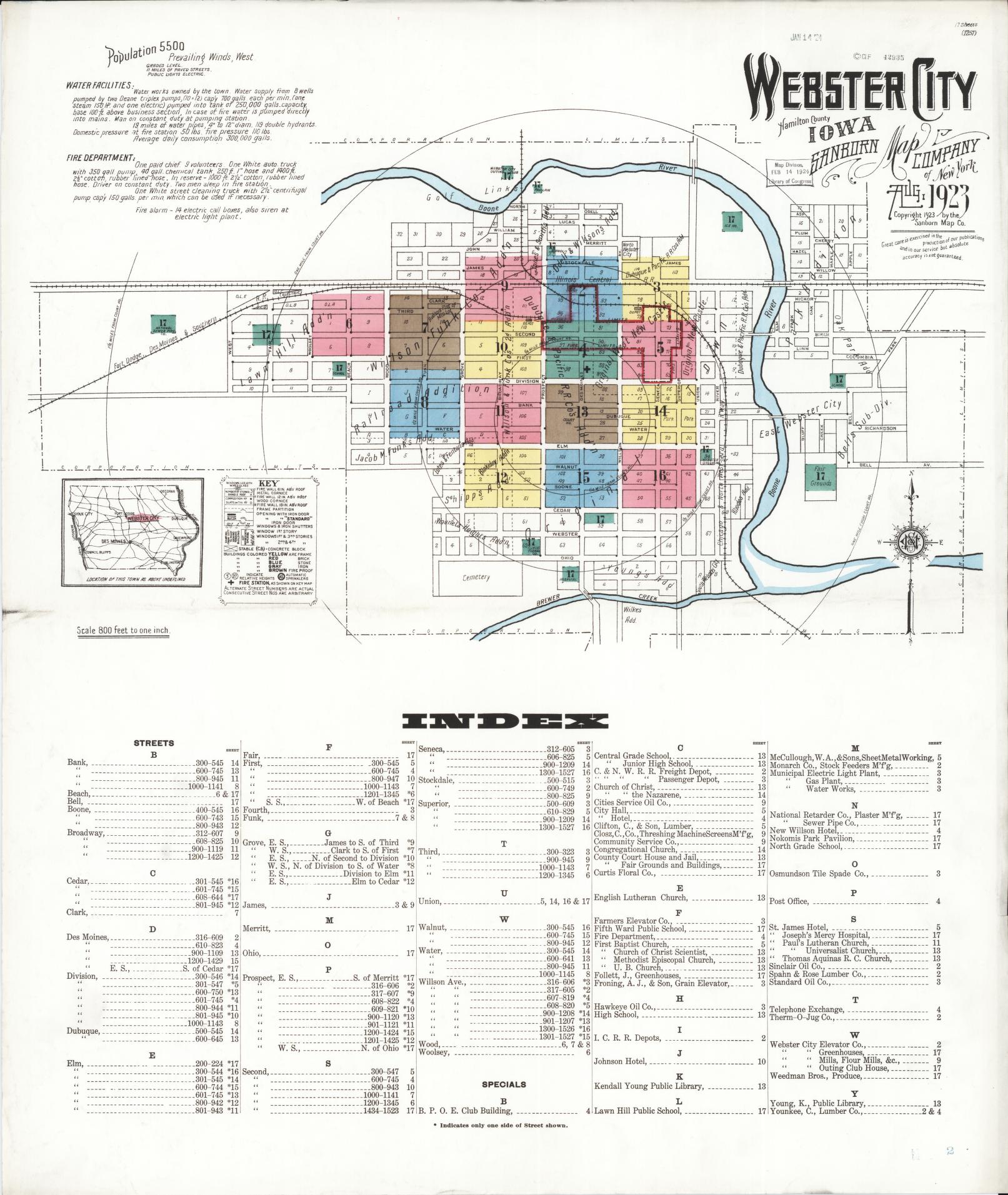 Sanborn Fire Insurance Map from Webster City, Hamilton County, Iowa (1923), Sheet #0001 - Historic Sanborn Fire Insurance Map Print