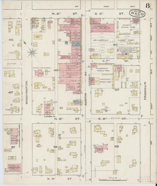 Sanborn Fire Insurance Map from Waco, McLennan County, Texas (1885), Sheet #0008 - Historic Sanborn Fire Insurance Map Print, vintage old map wall art, antique decor, genealogy gift, Texas Texas map