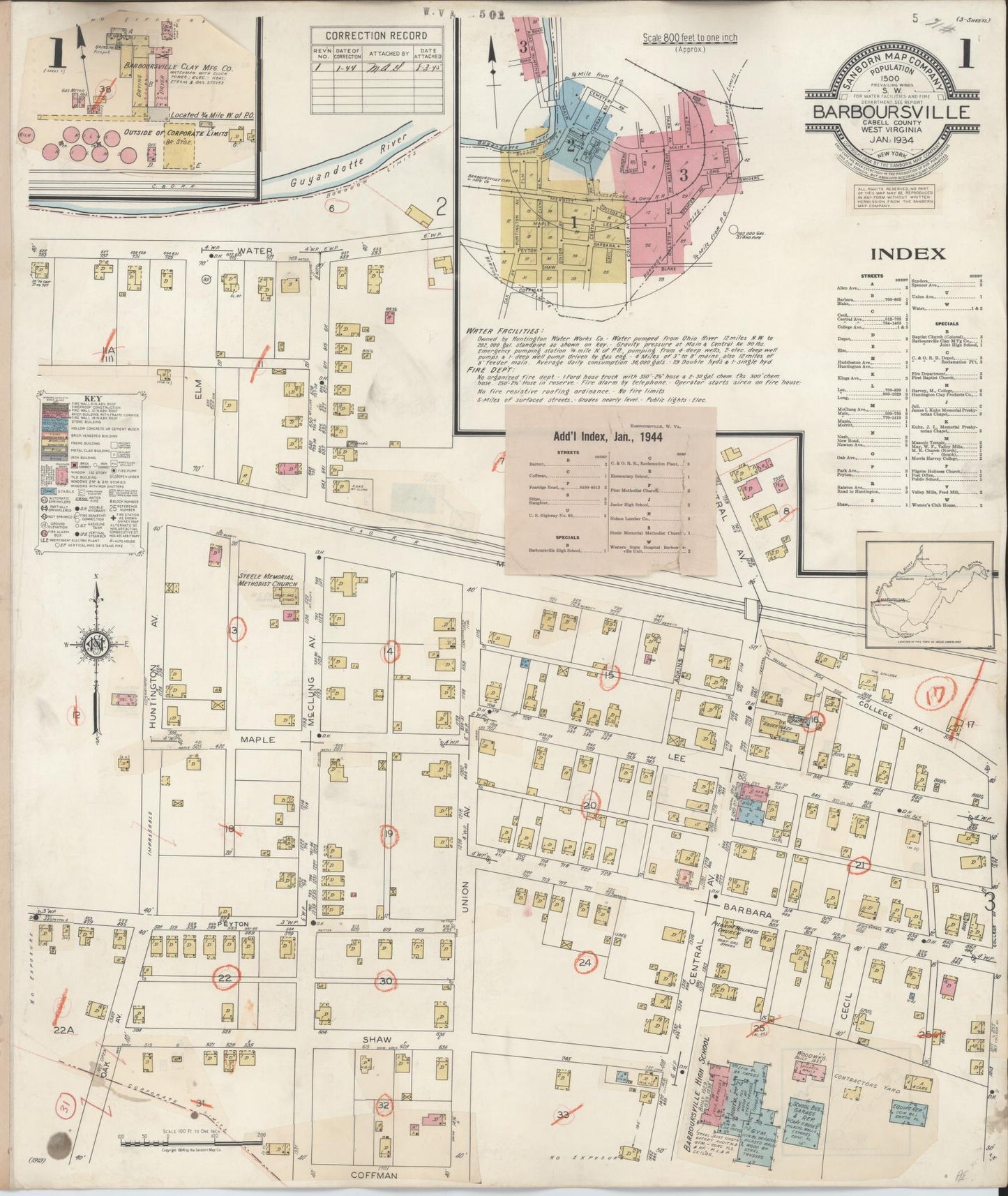 Sanborn Fire Insurance Map from Barboursville, Cabell County, West Virginia (1944), Sheet #0001 - Complete Map Set gallery image, historic Sanborn map, vintage wall art, West Virginia West Virginia