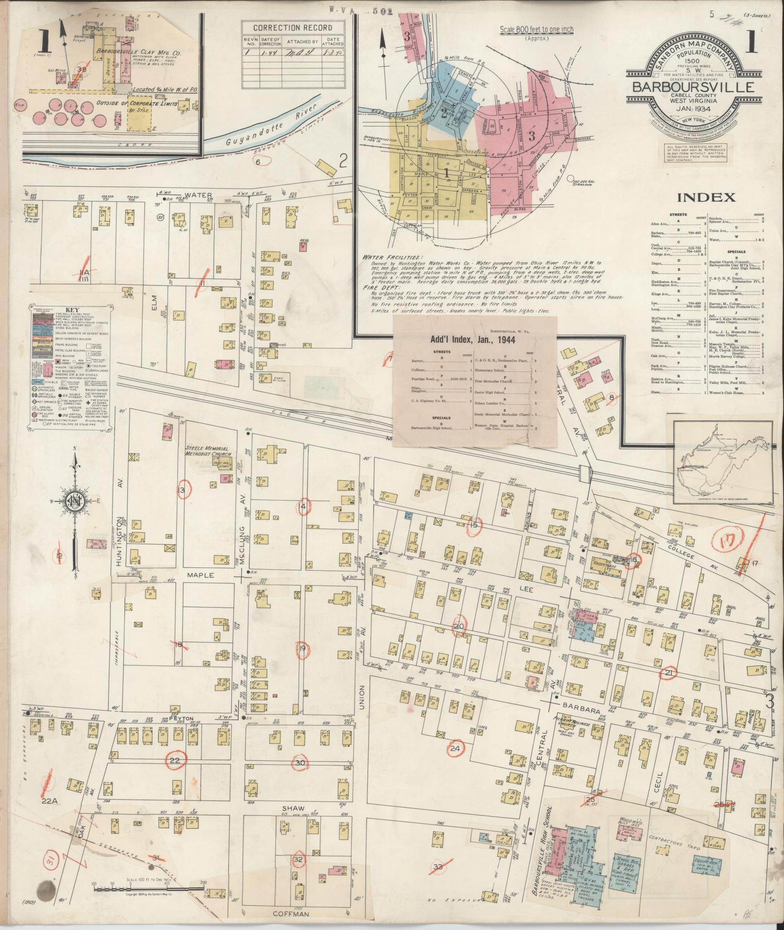 Sanborn Fire Insurance Map from Barboursville, Cabell County, West Virginia (1944), Sheet #0001 - Complete Map Set gallery image, historic Sanborn map, vintage wall art, West Virginia West Virginia