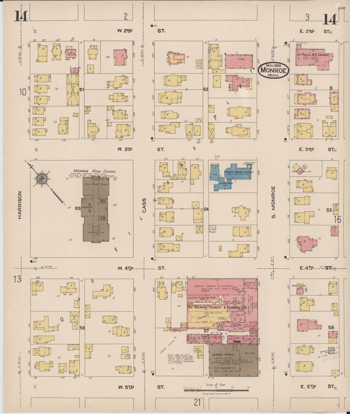 Sanborn Fire Insurance Map from Monroe, Monroe County, Michigan (1922), Sheet #0014 - Historic Sanborn Fire Insurance Map Print, vintage old map wall art, antique decor, genealogy gift, Michigan Michigan map
