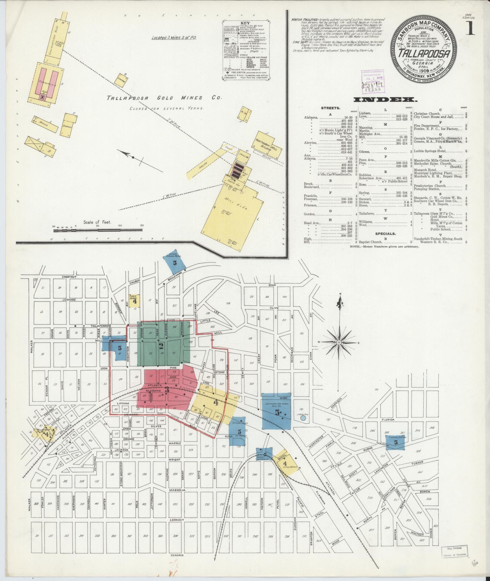 Sanborn Fire Insurance Map from Tallapoosa, Haralson County, Georgia (1909), Sheet #0001 - Complete Map Set gallery image, historic Sanborn map, vintage wall art, Georgia Georgia