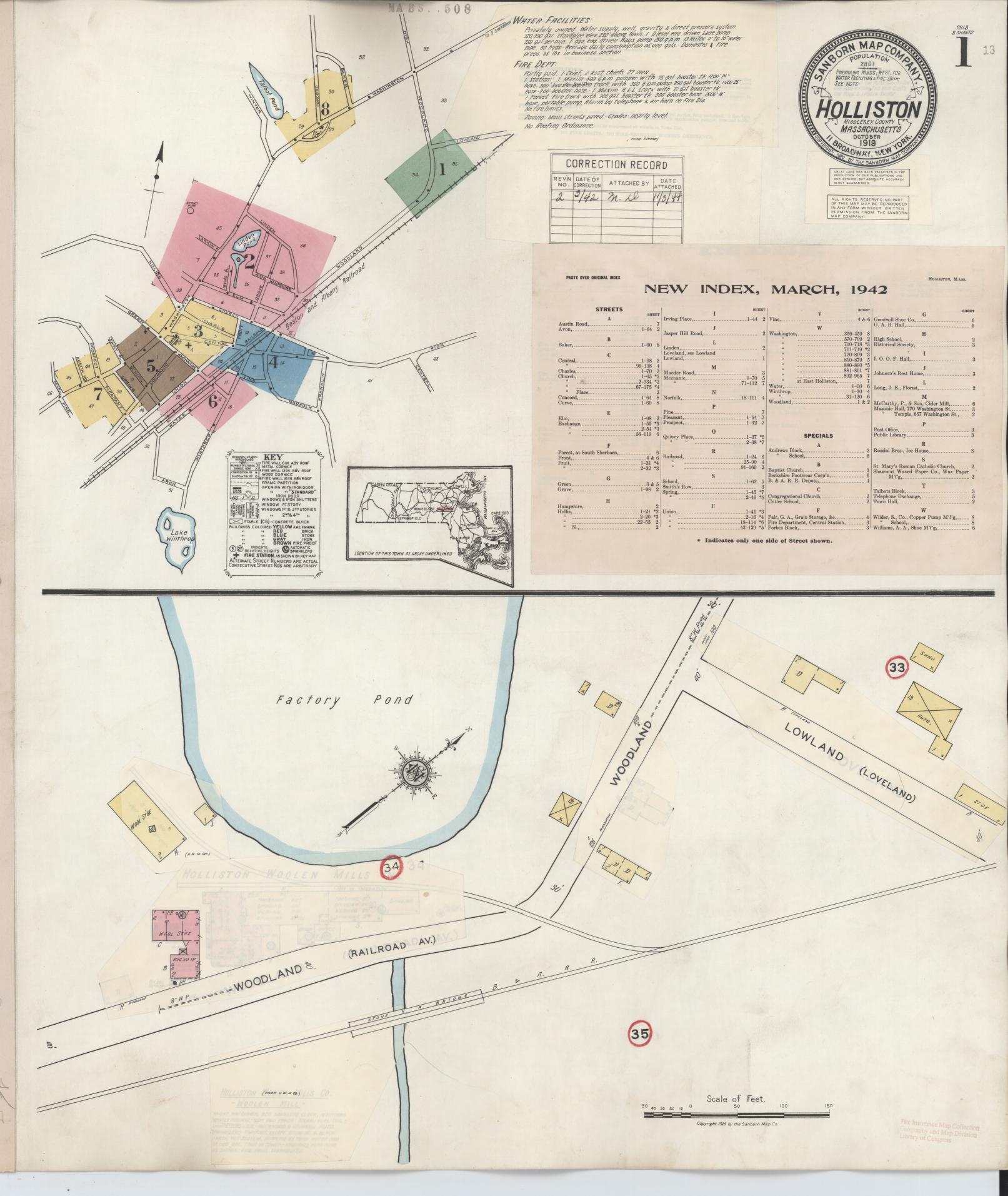 Sanborn Fire Insurance Map from Holliston, Middlesex County, Massachusetts (1942), Sheet #0001 - Complete Map Set gallery image, historic Sanborn map, vintage wall art, Massachusetts Massachusetts