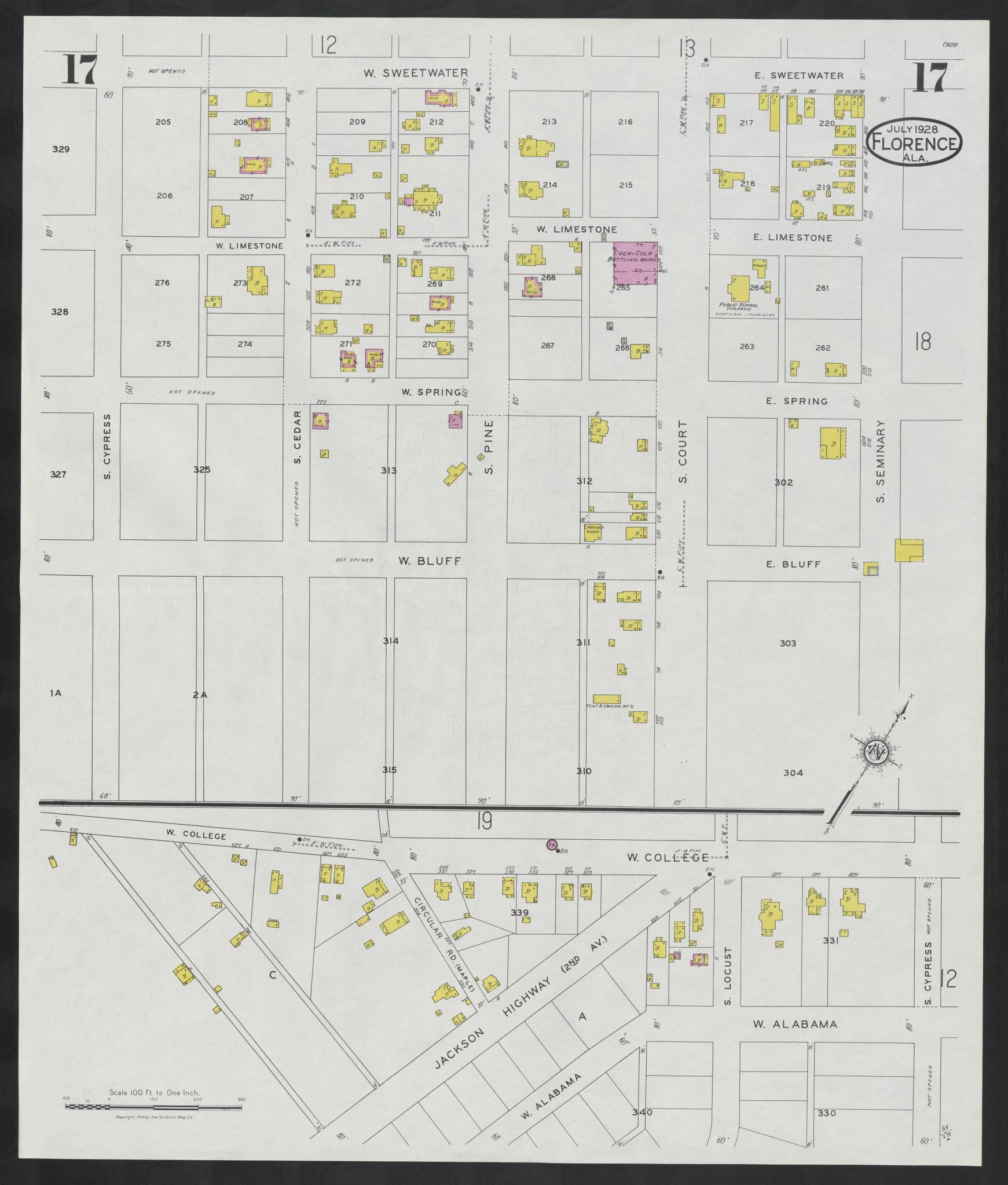 Sanborn Fire Insurance Map from Florence, Lauderdale County, Alabama (1928), Sheet #0017 - Historic Sanborn Fire Insurance Map Print, vintage old map wall art, antique decor, genealogy gift, Alabama Alabama map