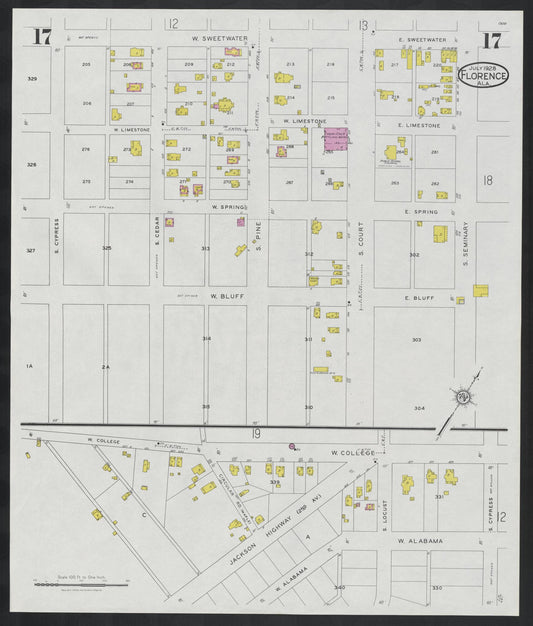Sanborn Fire Insurance Map from Florence, Lauderdale County, Alabama (1928), Sheet #0017 - Historic Sanborn Fire Insurance Map Print, vintage old map wall art, antique decor, genealogy gift, Alabama Alabama map
