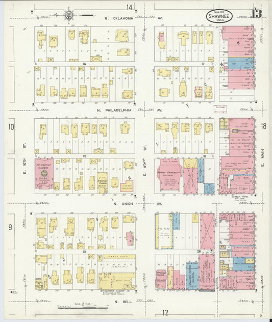 Sanborn Fire Insurance Map from Shawnee, Pottawatomie County, Oklahoma (1912), Sheet #0013 - Historic Sanborn Fire Insurance Map Print, vintage old map wall art, antique decor, genealogy gift, Oklahoma Oklahoma map